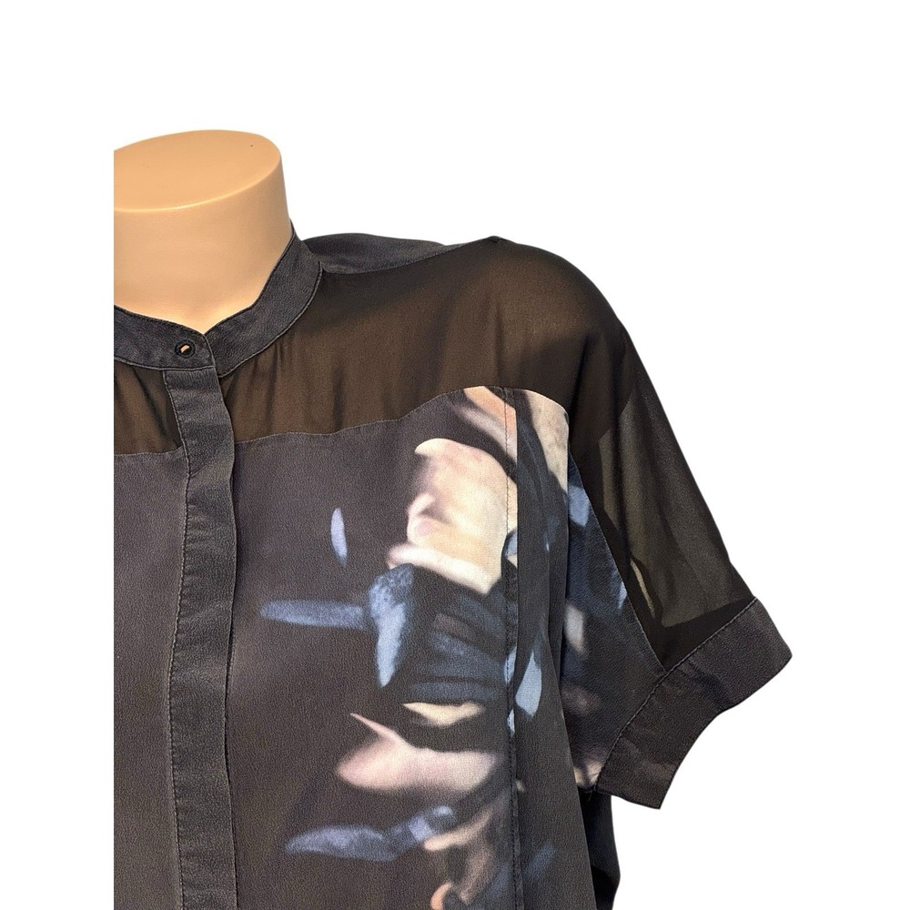 ALLSAINTS Women's Size US4 Black Floral 100% Silk Mini Shirt Dress Short Sleeves - Picture 2 of 8